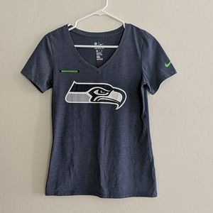 Seattle Seahawks Football NFL Nike V-neck Blue Short Sleeve Tee Shirt - S